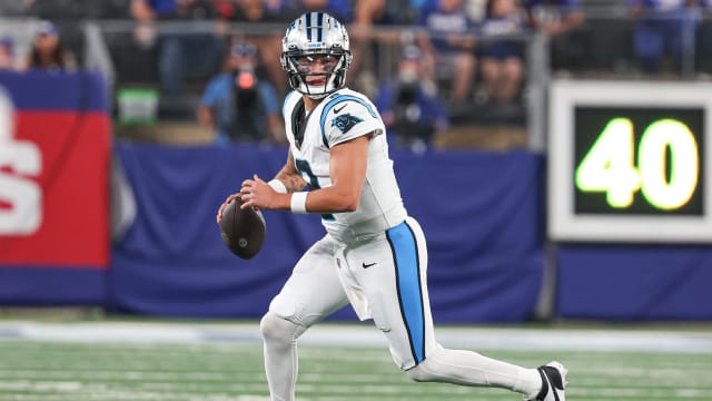 Aug 18, 2023; East Rutherford, New Jersey, USA; Carolina Panthers quarterback Matt Corral (2) scrambles during the second half against the New York Giants at MetLife Stadium. Mandatory Credit: Vincent Carchietta-USA TODAY Sports  